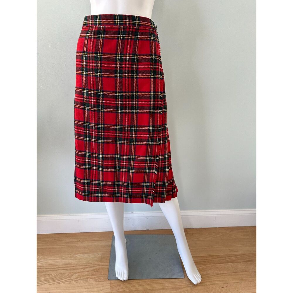 Vintage Red Plaid Wool Midi Skirt Scottish Tartan Knee Length Classic size M